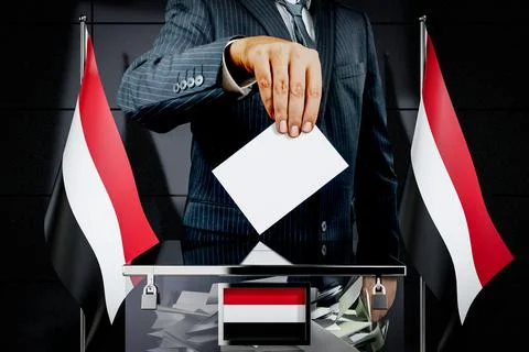 Yemen flags, hand dropping voting card - election concept - 3D illustration Ilustración de archivo
