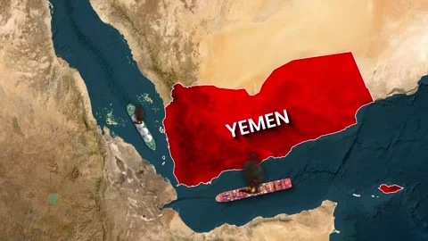 Yemen map highlights burning cargo ships near critical shipping lanes Stock-Footage 334695372