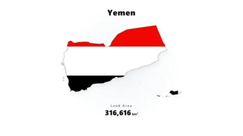 Yemen map silhouette with red white black tricolor bands on clean white Stock Footage 345647312