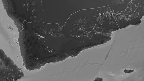 Yemen outlined on a Grayscale elevation map with lakes and rivers Illustrazione stock