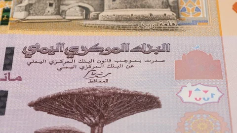 Yemen rial notes slow tracking. Yemeni currency. Slider shot, low angle. 4K Video stock 125998594