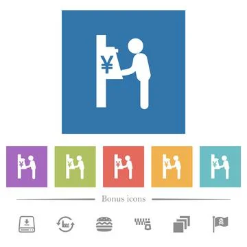 Yen cash machine flat white icons in square backgrounds Stock Illustration