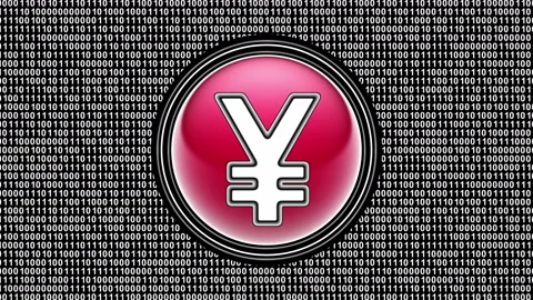 Yen icon. Binary code ( array of bits ) in the screen. Looping footage. Video stock 123881610