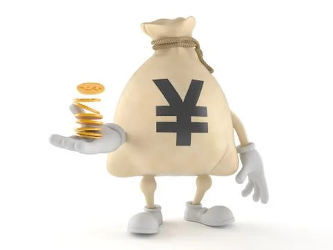 Yen money bag character with stack of coins Stock Illustration