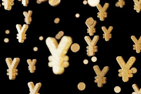 Yen signs appear to float in a 3D space with a black background, creating a.. Stock Photos