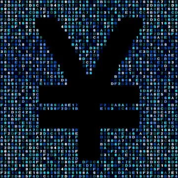 Yen symbol on hex blue code illustration Stock-Illustration