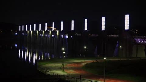 Yeoju Weir and Riverside Path at Night Stock Footage 310196082