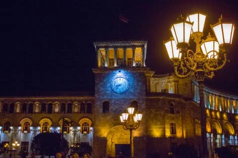 Yerevan republic square clock tower and government hall Stock Photos