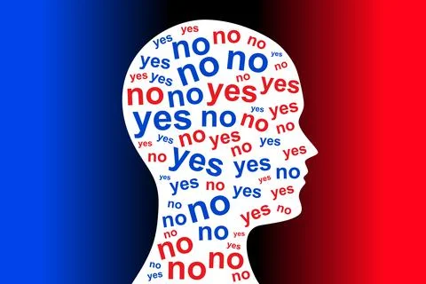 YES and NO, words colored red and blue, in a white silhouette of a head Stock Illustration