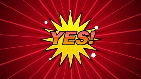 Yes Cartoon Comic with bold orange text in yellow starburst over red radial Stock Footage 345939402
