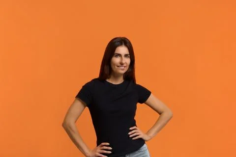 Yes, i will win. Are you with me. Smiling caucasian woman in black t-shirt st Stock Photos