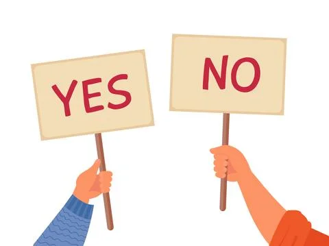 Yes no banner. Isolated text placard, hands hold right wrong message. Idea or Stock Illustration