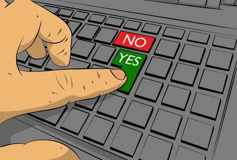 Yes no right wrong answer business concept on computer keyboard. Man push key Stock Illustration