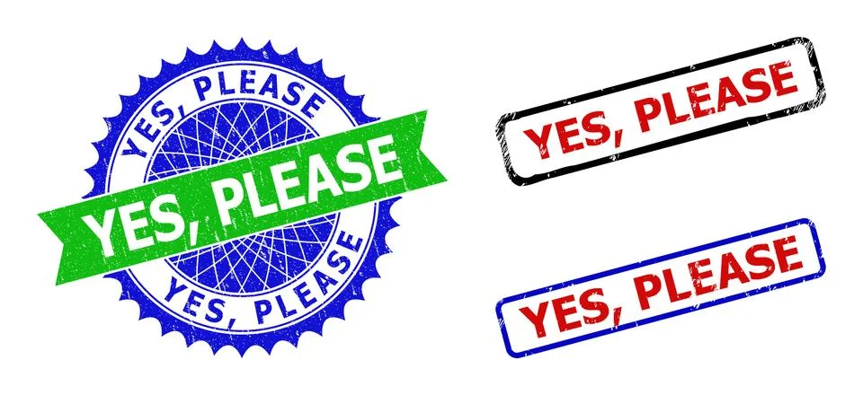YES, PLEASE Rosette and Rectangle Bicolor Badges with Rubber Styles Stock Illustration