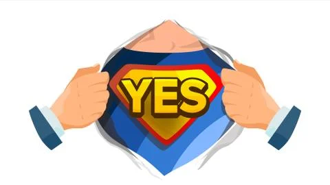 Yes Sign Vector. Superhero Open Shirt With Shield Badge. Isolated Flat Cartoon Stock Illustration