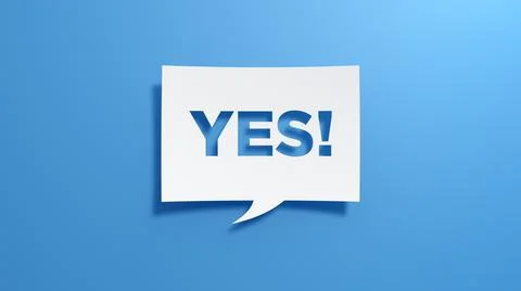 Yes! Speech Bubble. White cut out paper on blue background. 3D Render. Stock Illustration