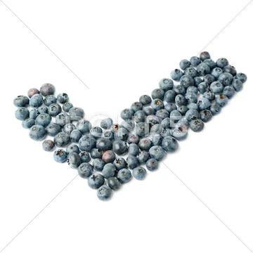 Yes tick sign symbol mark made of Bilberry or blueberry over isolated white Stock Photos