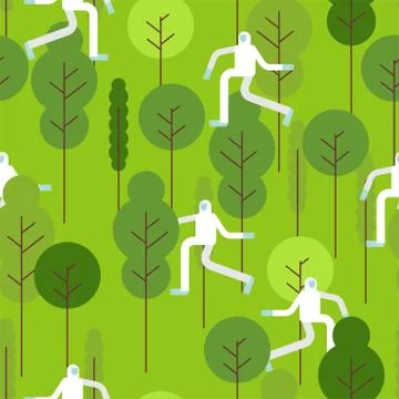 Yeti in forest pattern. Bigfoot walking in thicket. Snow man vector backgroun Illustrazione stock