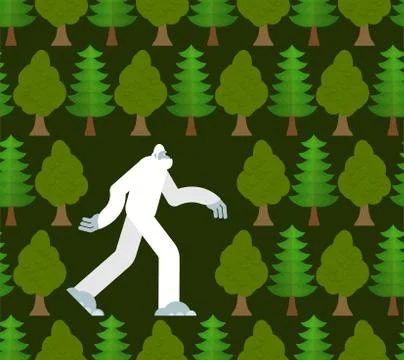 Yeti in forest pattern seamless. Bigfoot and trees background. Abominable sno Stock Illustration