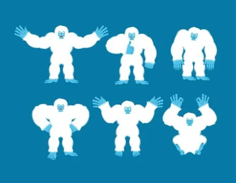 Yeti set poses and motion. Bigfoot happy and yoga. Abominable snowman sleepin Stock Illustration