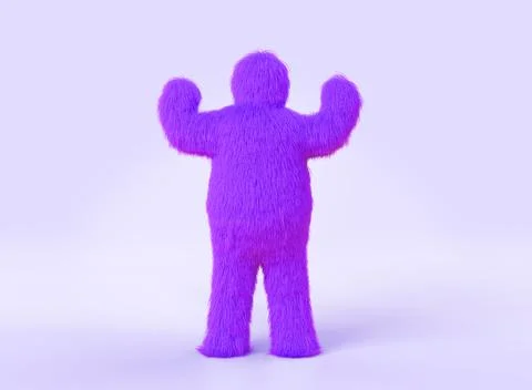 Yeti standing with hands up 3d render. Bigfoot character, cartoon hairy man in Illustrazione stock