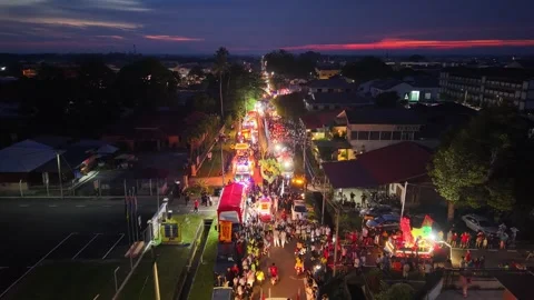 Yew Keng Deity Procession Over Bukit Bakri at Dusk Stock Footage 345437589