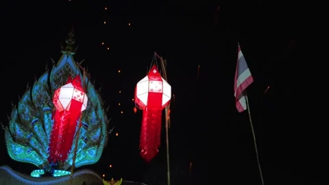 Yi Peng Lantern Release with Fireworks in Chiang Mai Stock Footage 327691166