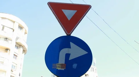 Yield And To The Right Sign, Traffic, Summer Day, Urban Setting Stock Footage 43231653