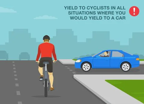 Yield to cyclists in all situations when you would yield to a car. Back view. Stock Illustration