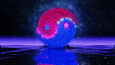 Yin Yang made of moving ball particles revolving over a lake Stock Footage 248754790