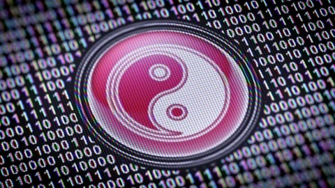 Ying-Yang icon. Binary code ( array of bits ) in the screen. Looping footage Video stock 110754448