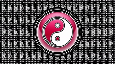 Ying-Yang icon. Binary code ( array of bits ) in the screen. Looping footage. Video stock 123831704