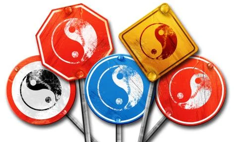 Ying yang symbol, 3D rendering, rough street sign collection Stock Illustration