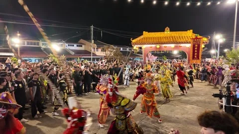 Yingge Dance Performance During Temple Celebration in Kampar, Malaysia Stock Footage 345442792