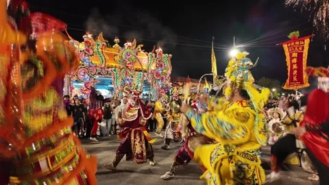 Yingge Dance Performers at Kampar Seng Fatt Temple Deity Celebration Stock Footage 345443077