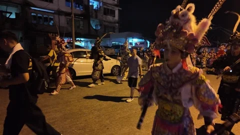 Yingge Dance Performers at Kampar Seng Fatt Temple Celebration Stock Footage 345444245