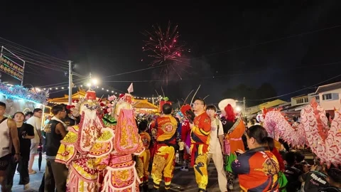 Yingge Dance Performers at Kampar Seng Fatt Temple Deity Celebration Stock Footage 345444626