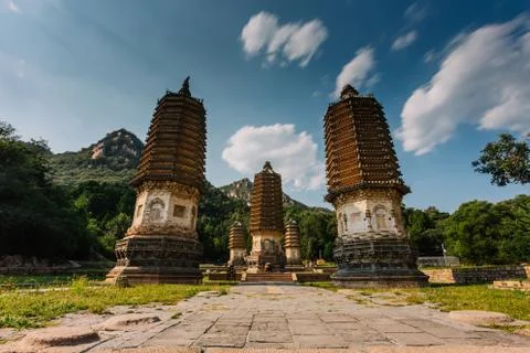 Yinshan Pagoda Forest. Complexes of ancient pagodas and a tourist attraction  스톡 사진
