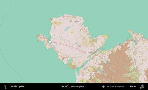 Ynys Mn / Isle of Anglesey outlined, United Kingdom. OpenStreetMap Standard Stock Illustration