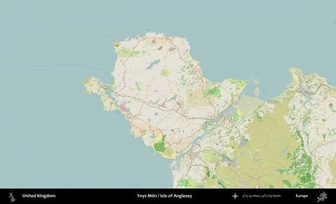 Ynys Mn / Isle of Anglesey outlined, United Kingdom. OpenStreetMap French Stock Illustration