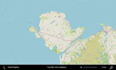 Ynys Mn / Isle of Anglesey outlined, United Kingdom. OpenStreetMap German Stock Illustration
