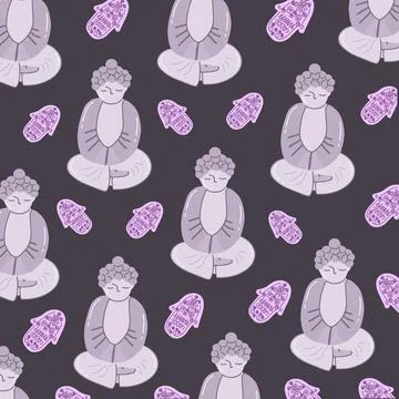 Yoga and buddha pattern, hamsa on purple background Illustrazione stock