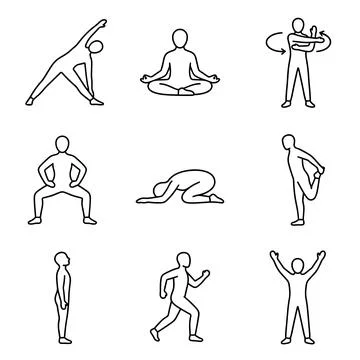 Yoga and exercise illustrations, various poses and movements, line art styl.. Stock Illustration