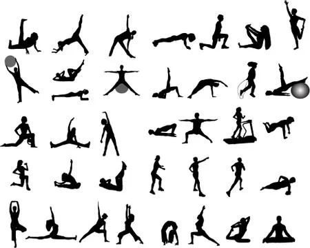 Yoga and exercise silhouettes Stock Illustration