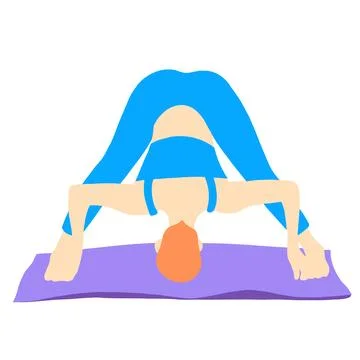 Yoga and pilates pose on mat of rad hair girl in cartoon flat style. Blue tracks Stock Illustration