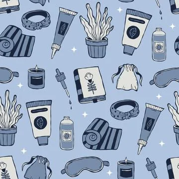 Yoga and Spa Seamless Pattern. Skincare Cosmetics, Cozy Sleep Mask, Towel, .. Stock Illustration