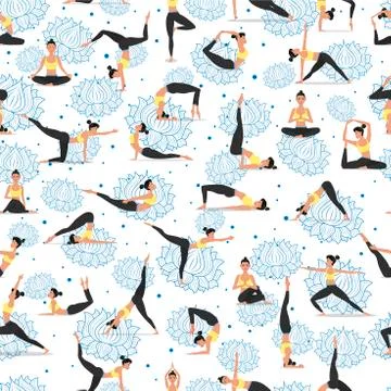 Yoga asanas set seamless pattern Stock Illustration