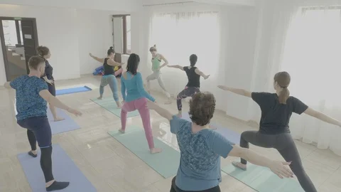 Yoga class made of corporate middle aged women exercising warrior pose in a f Stock Footage 87208332