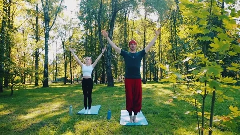 Yoga class in summer park, practicing yoga poses together, Stock Footage 153380176