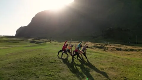 Yoga class at sunset, happy diverse group of young people practicing yoga Stock Footage 256446575